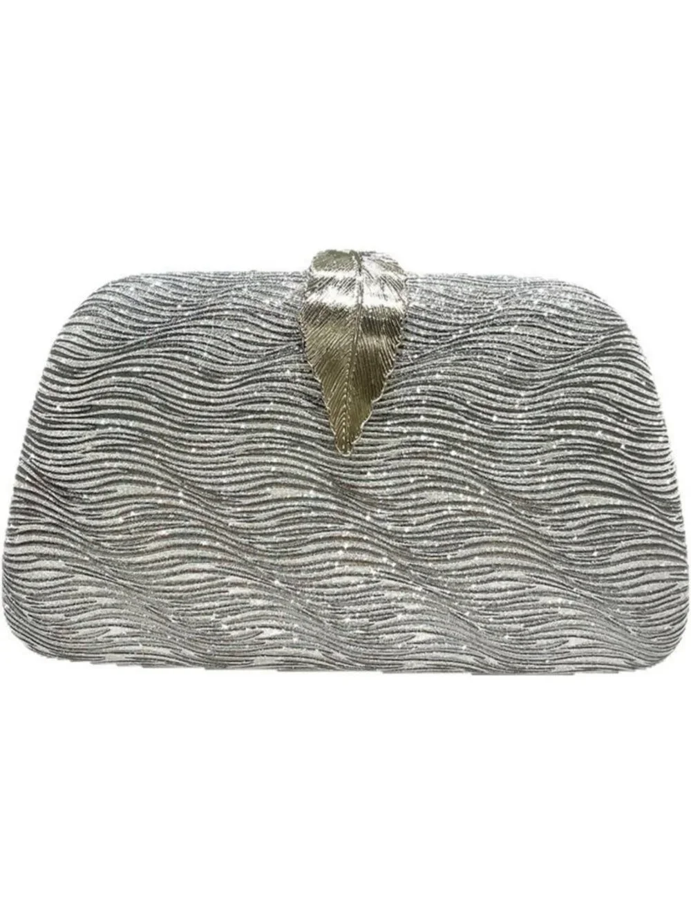 Women's Silver Elegant Clutch Purse Metallic Leaves Clasp Banquet Evening Bag